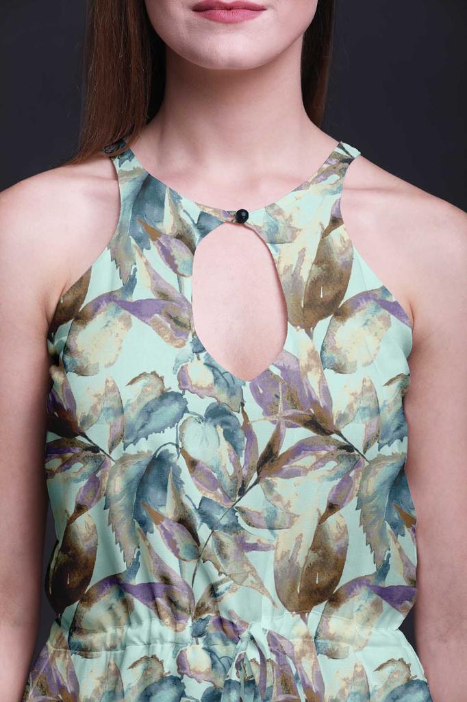 Bimba Leaves Women Sleeveless Crew Neck Halter Gown With Side Slits Maxi