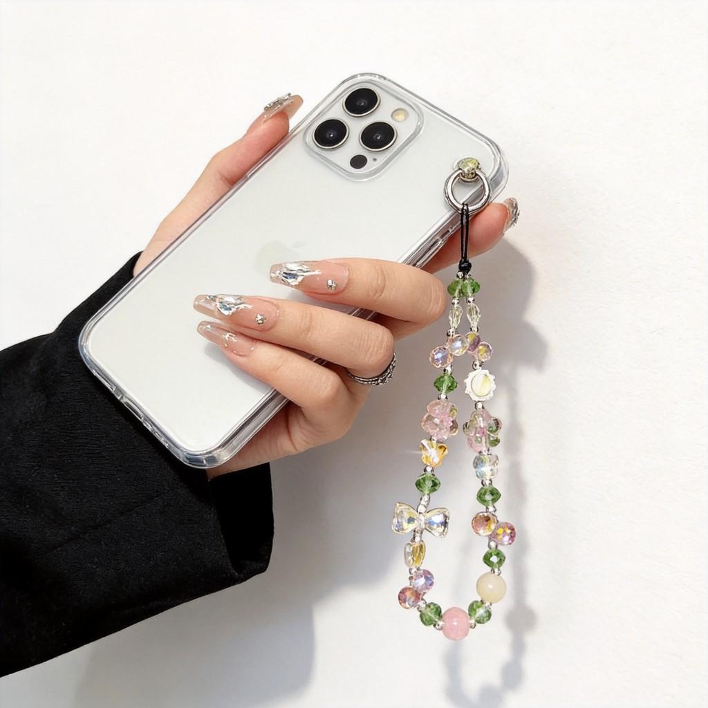 Pvc Crystal Flower Phone Strap With Keychain Holder For Women And Men