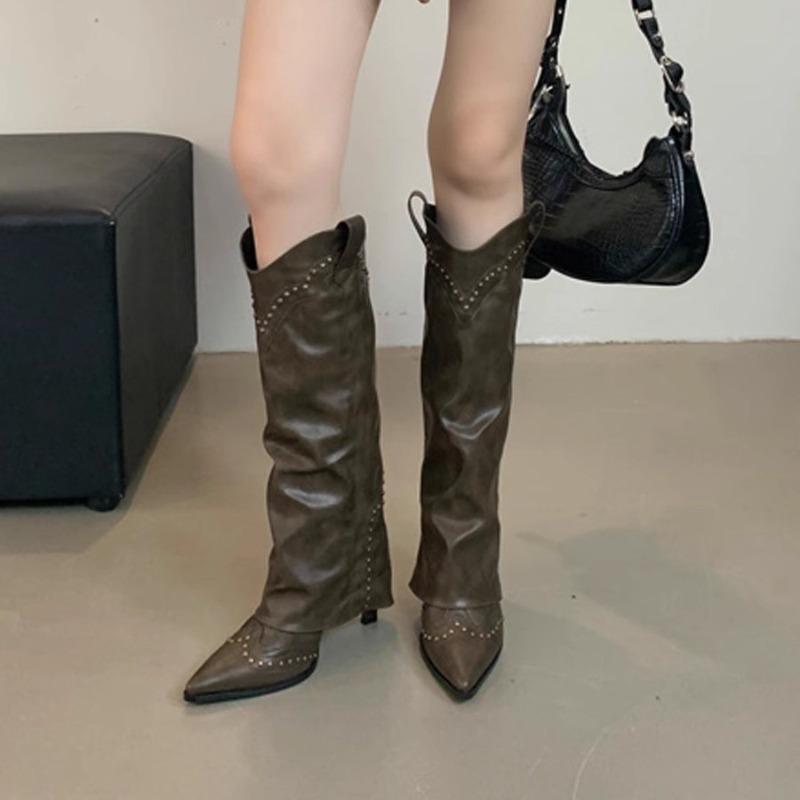 Retro Rivet Tall Pants Boots Short Boots Women's Boots Versatile Western Cowboy Boots Long Boots British Knight Boots