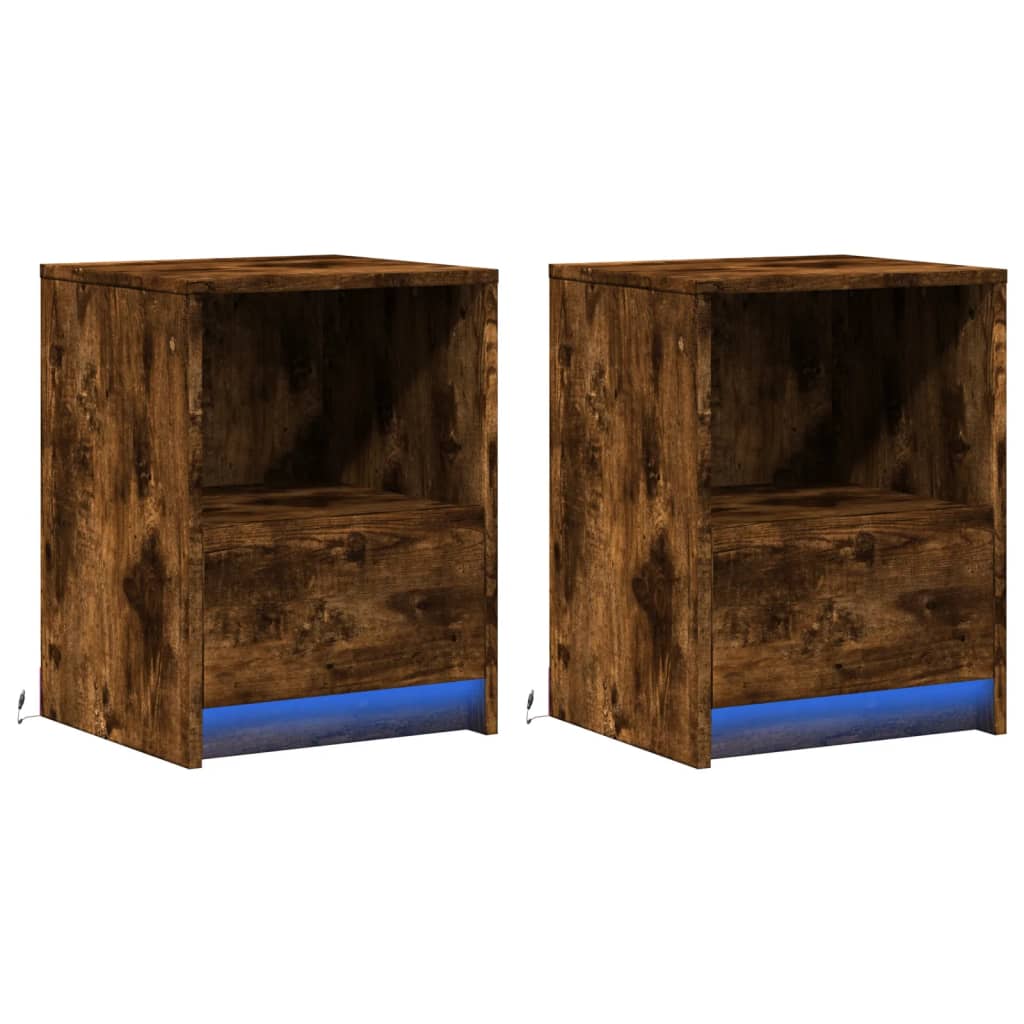 Vidaxl Bedside Tables with LED Lighting, 2 Pcs., Smoked Oak