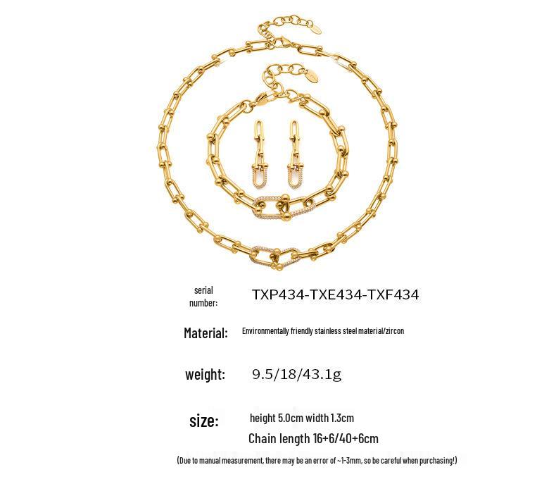 Qiong Yao U-förmiges vergoldetes Edelstahl-Schmuckset: Zirkonia Ohrringe, Halskette & Armband.