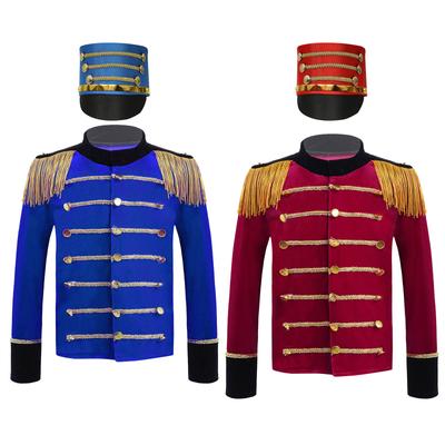 Boys Military Honor Guard Costume Velvet Long Sleeve Top Tassels Epaulet Details Drum Team Uniform Hat Included