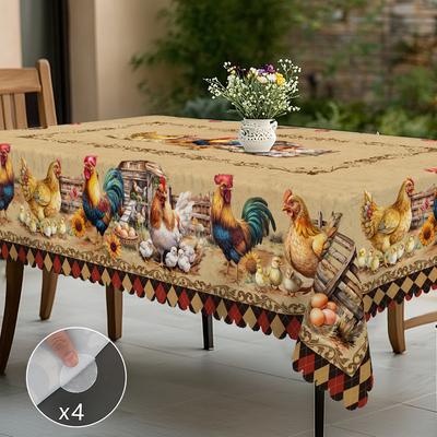 1 Piece Retro Rooster Theme Printed Tablecloth, Country Farmhouse Style, Rooster, Chick, Sunflower Pattern Design, For Camping Style Picnic, Holiday P