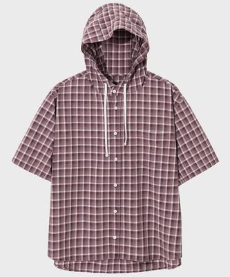 Sekeonmonollogeu Hooded Check Half Shirt [Burgundy]_Sesh999Burgundy