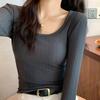 U-neck Sweater Solid Color Slim Knitted Sweater T-shirt Long-sleeved Top Low-neck Inner Layer Slim Pullover Women's Clothing