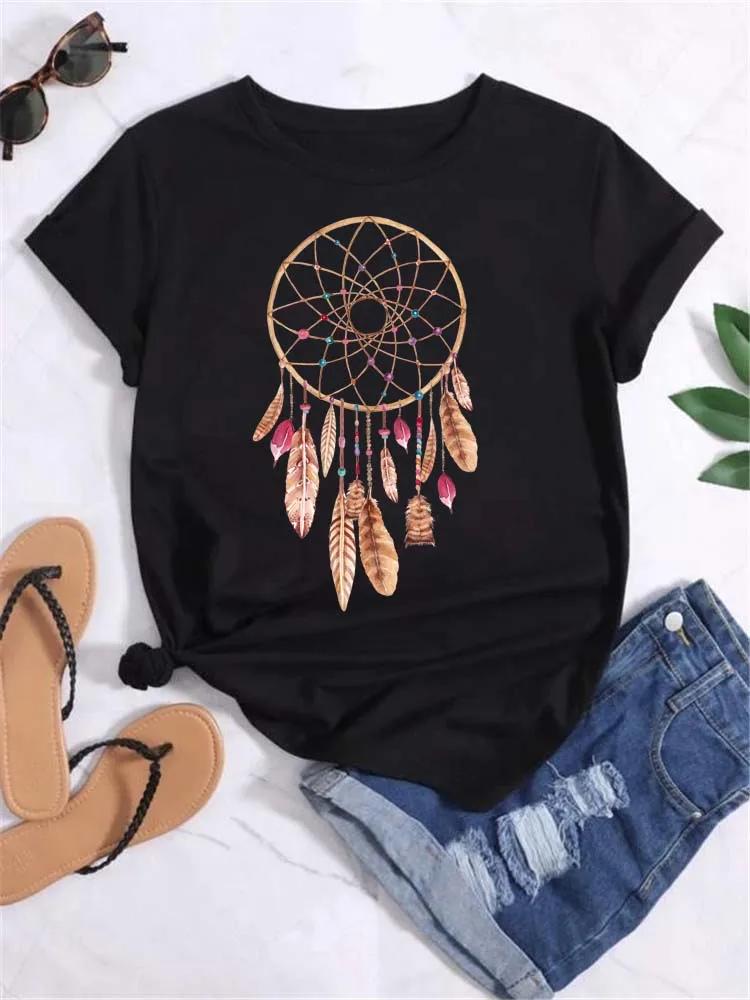Fashion Feather Dreamcatcher T Shirt Women Harajuku Graphic Tees Shirt Femme Dream Catcher Women's T-shirt Clothes Tops Unisex