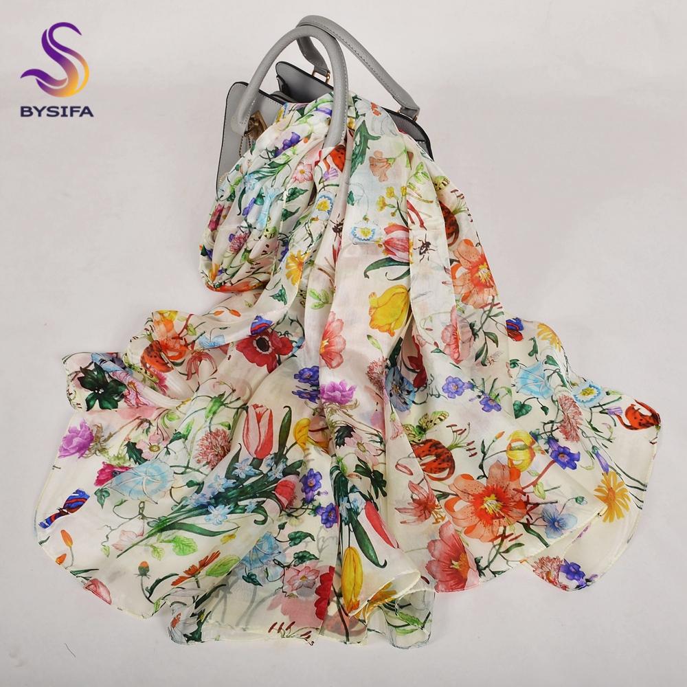 White 100% Mulberry Silk Scarf Shawl Women New Floral Design Summer Long Beach Shawl Luxury Ladies Neck Scarves Hijabs