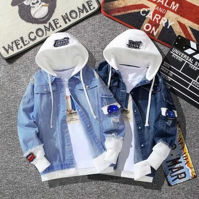 Jeansjacke Fake Zweiteiler Kapuze Kontrastfarbe Streetwear Frühling Herbst Locker Einreihig Oberbekleidung Mantel für Outdoor