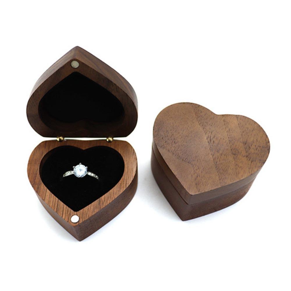 Wedding Heart Rings Holder Anti-collision Rings Bearer Box Simple Walnut Wood Rings Box  Propose