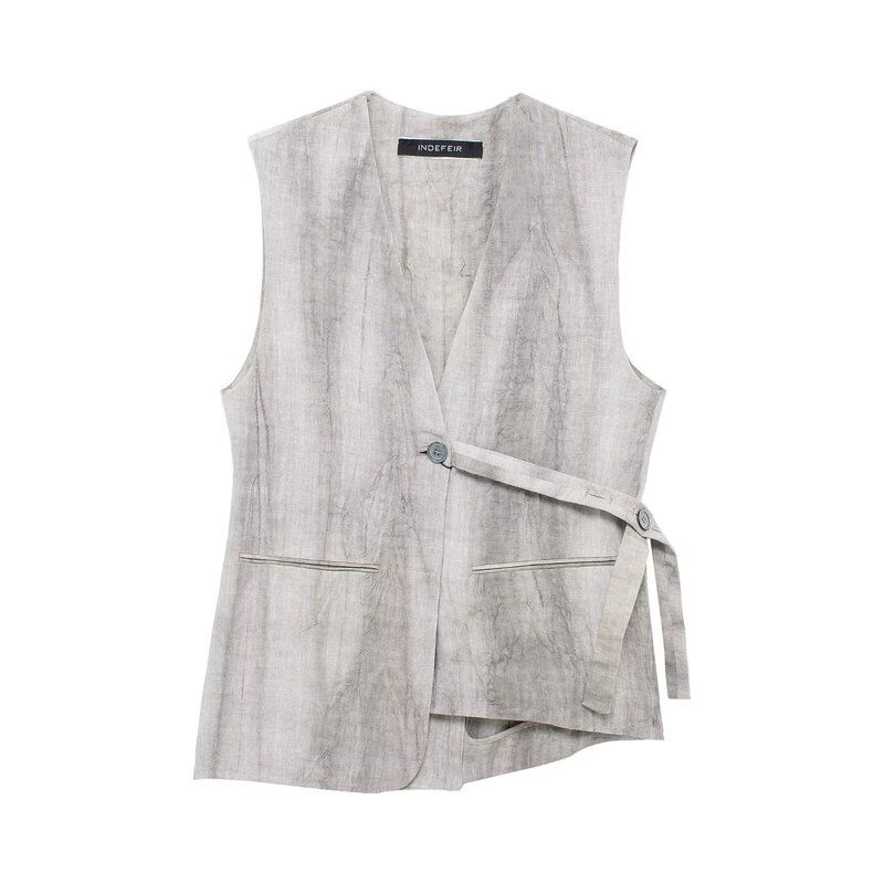 Fashion Style 2024 Autumn New Women's Clothing Stylish Linen Sleeveless V-neck Loose Vest 8106904