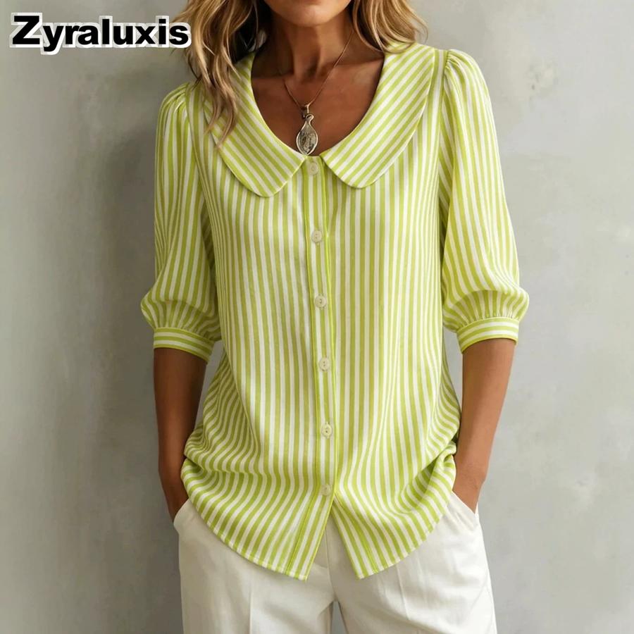 New Summer Striped Ruffle Collar Button-Down Shirt for Women
