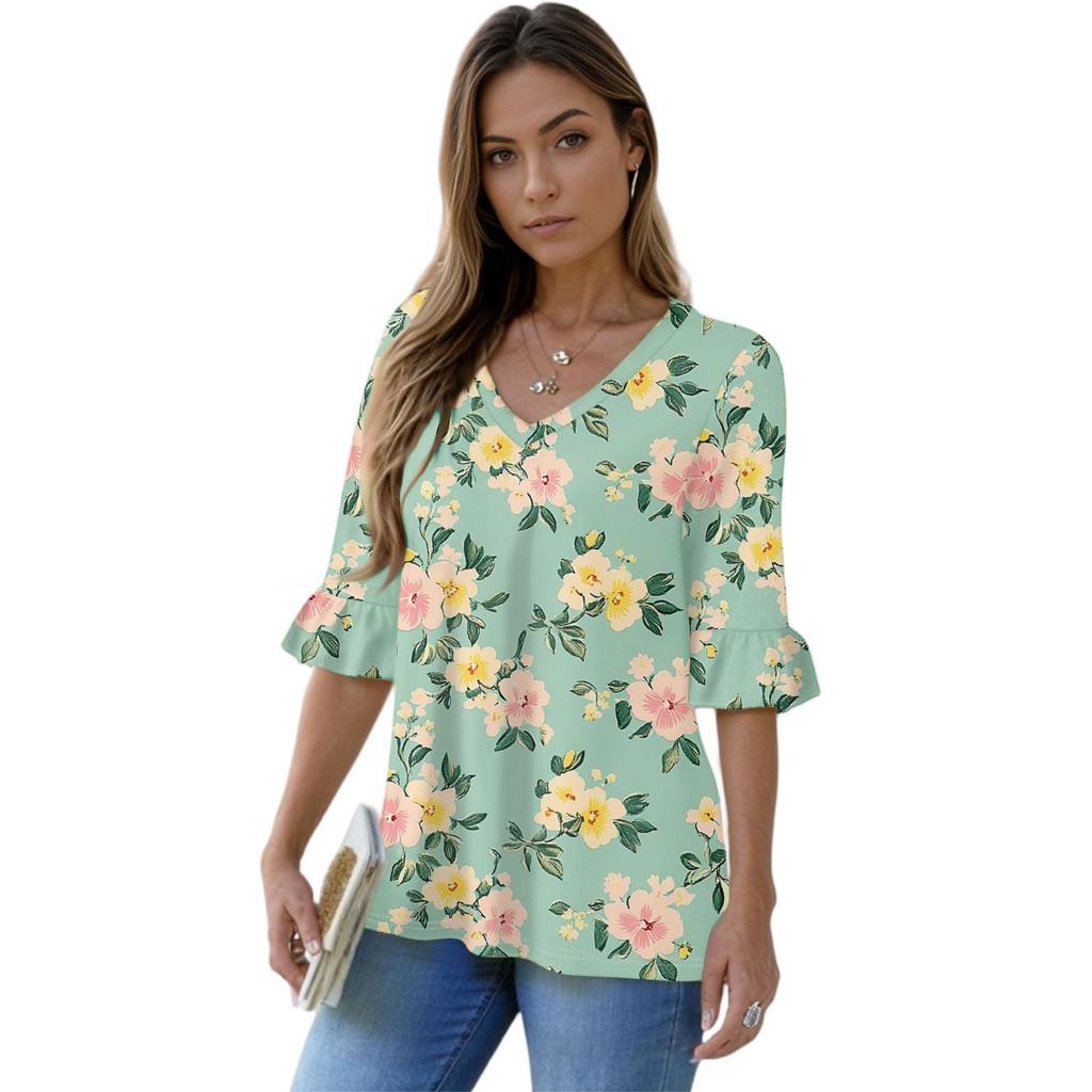 Women's Casual 3/4 Sleeve Tops V-Neck Sleeve T-Shirt Floral Print Tops