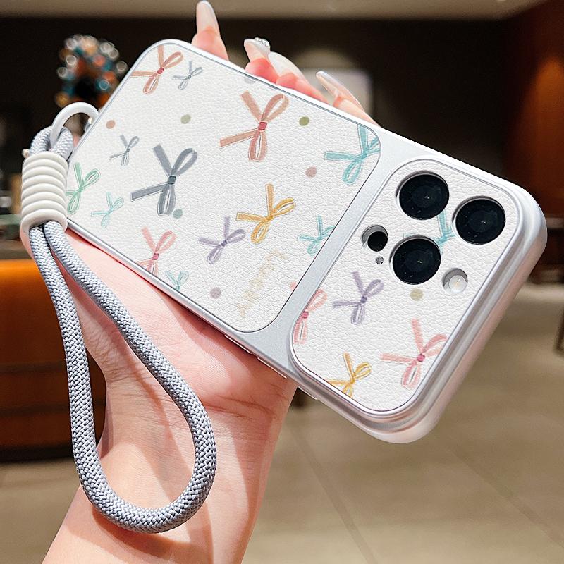 Pink Bowknots Floral Leather Lanyard Case For iPhone 18 Pro Max 17 16 15 14 13 Pro Max Luxury Hybrid TPU+PU Anti-skid Soft Phone Cover
