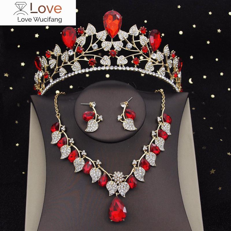 

Модные цветочные кристаллы свадебные комплекты ювелирных изделий для женщин роскошная тиара корона серьги комплект ожерелья невесты праздничный костюм аксессуар красный