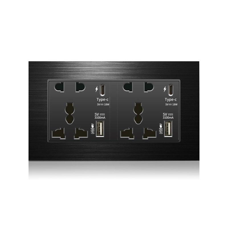 18W Type-C Fast Charging Universal 5-pin Dual Power Socket,Stainless Steel  Electrical Outlet with DC 5V 3.1A Type-c USB Charger