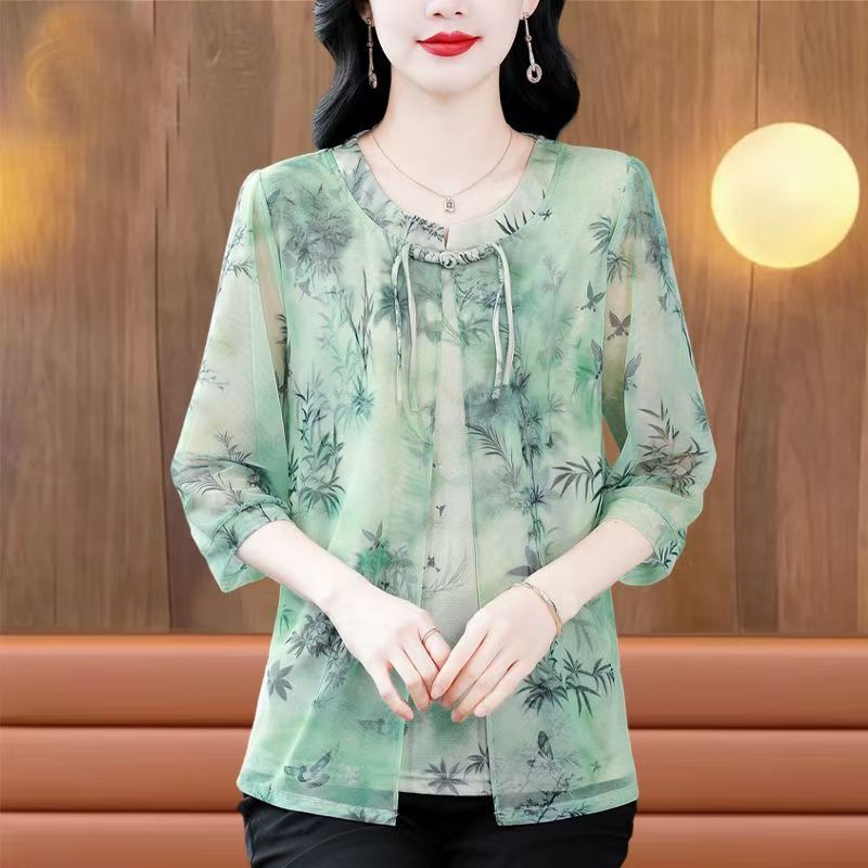 

Бамбуковая блузка свободного кроя с принтом «Дзен», смесь шелка тутового дерева, женская одежда для отдыха и работы, летняя одежда больших размеров XL зелёный