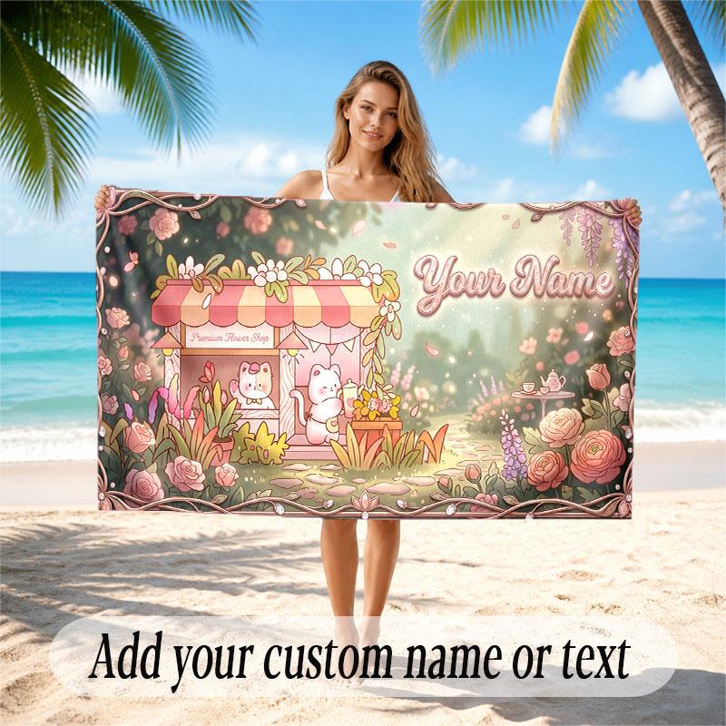 Floral Garden Theme Soft Beach Towel Personalized Custom Name Text Towel Portable for Beach Pool Travel