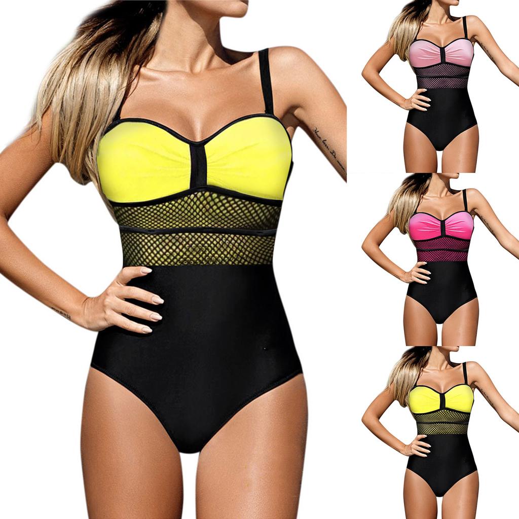 Casual Women Mesh Stitching Sling One-piece Swimsuit Sexy Solid Color Swimsuit