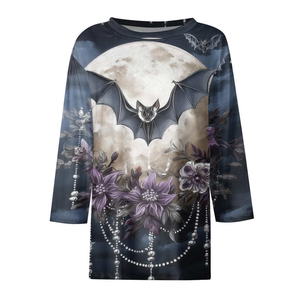 Women's 3/4 Sleeve Loose Fit Casual Shirt Round Neck Halloween Print T-Shirt Top for Everyday Wear