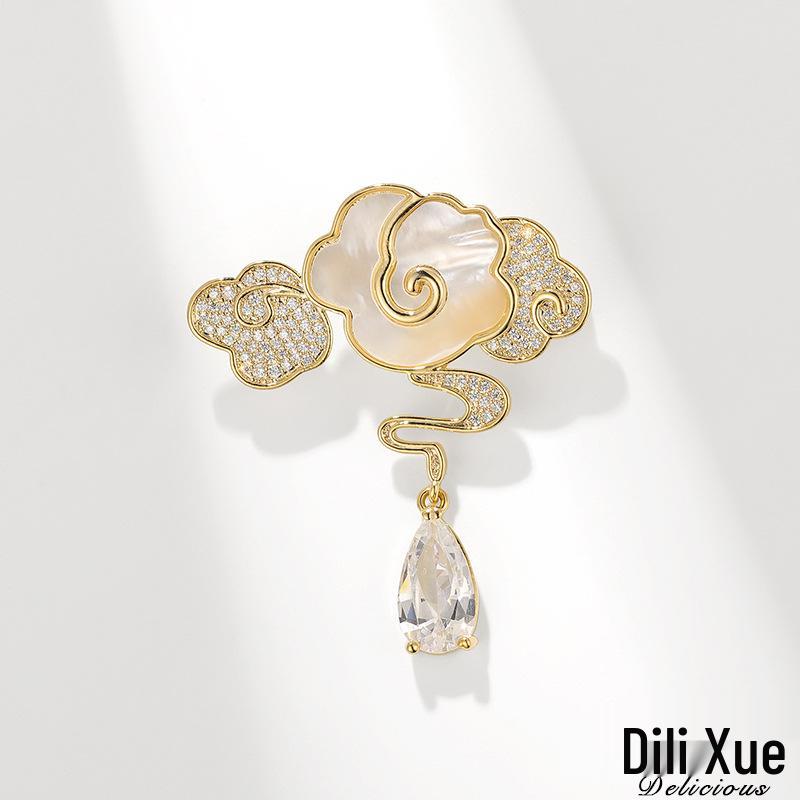 

Elegant Snow Cloud Brooch & Pendant: Seawater Shell Tassel with Zircon Accents