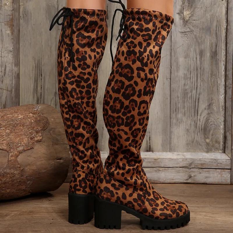Dámské kozačky s dlouhým svrškem, silným podpatkem, nad koleno, elastické, slim, sexy leopardí potisk, dámské boty, módní kulatá špička, vysoké kozačky 2025