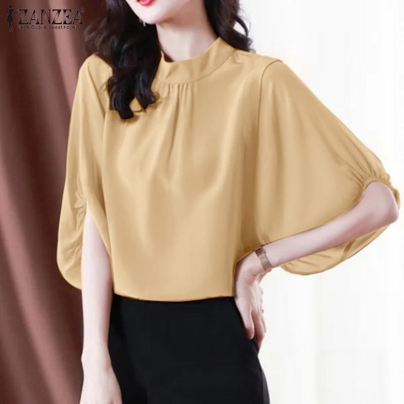 

ZANZEA женская летняя повседневная прямая однотонная свободная блузка с высоким воротником и половиной рукава