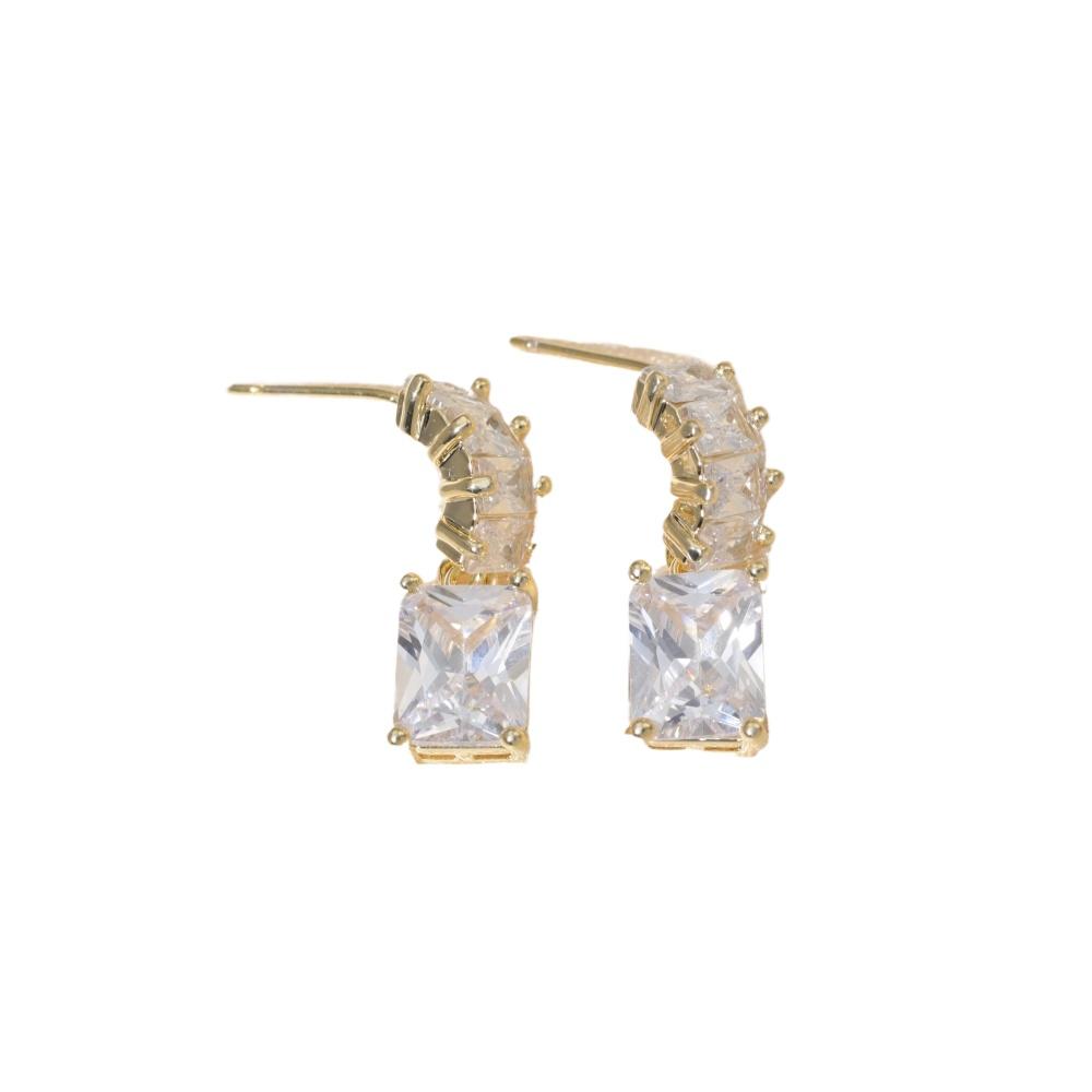 Golden Plated Copper Earrings with Clear Square Zirconia for Women Jewelry