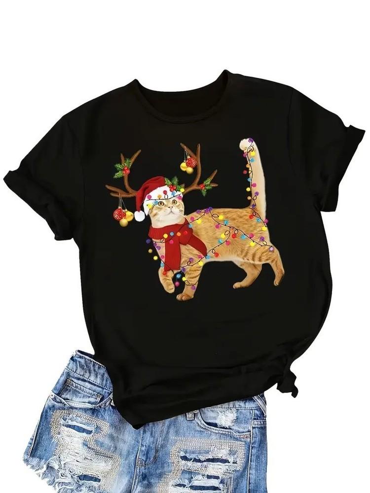 

Christmas Cat Shirt Black Top with Santa Hat Ginger Tabby Shirt Q7458 XL