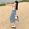 Denim Skirt High Waist Split A Line With Vintage Wash For Summer Casual Wear