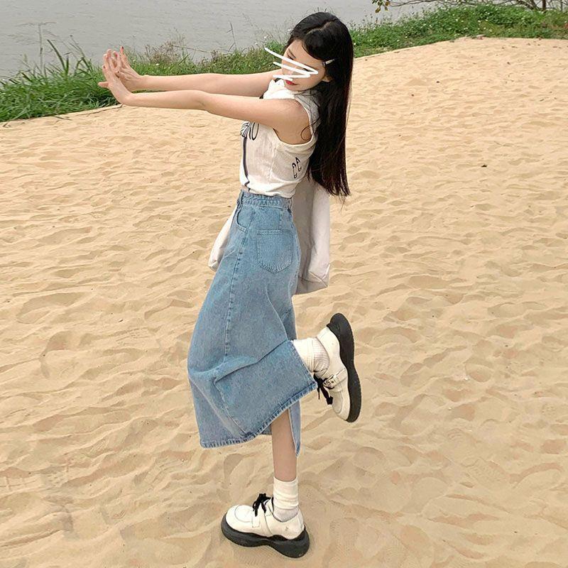 Denim Skirt High Waist Split A Line With Vintage Wash For Summer Casual Wear