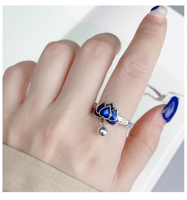 S925 Sterling Silver Blue Lotus Adjustable Tassel Ring for Women - Retro, Simple Design
