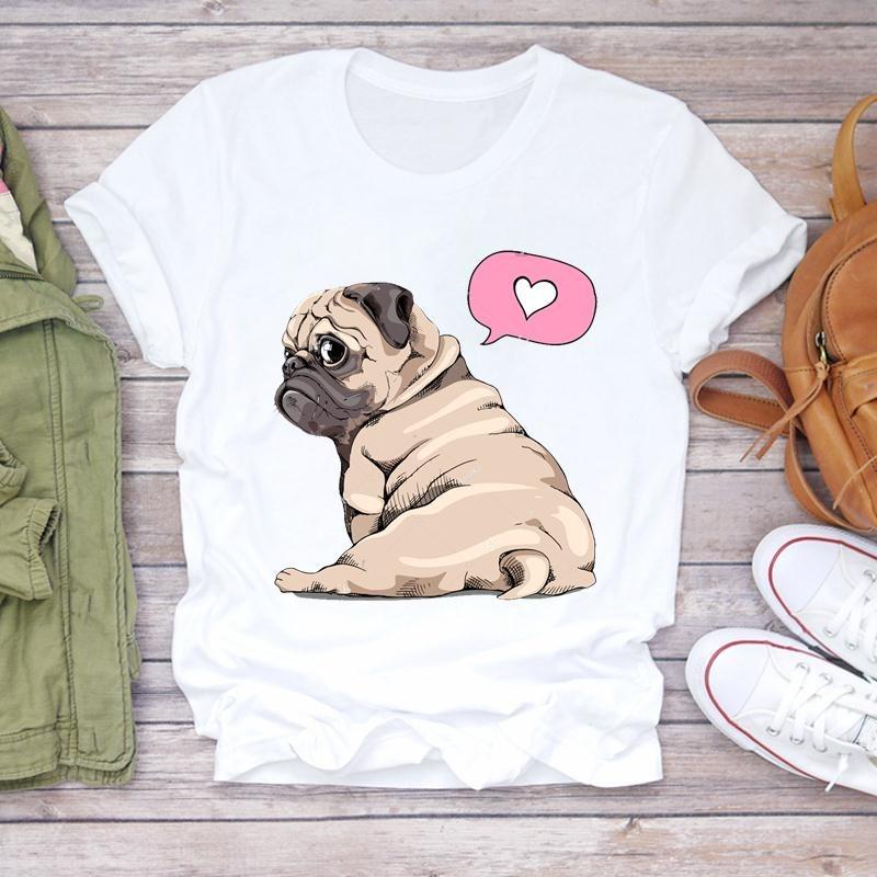Dog Pug Love Cute Women Printing Short Sleeve T-shirt  Casual Fashion Clothes  T Tee Top Print  Female Clothing Graphic T-shirt