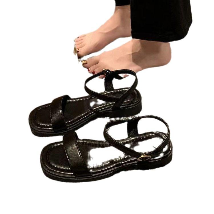 Comfortable soft sole low heel retro word with sandals summer women's new flat Roman shoes fairy style women's shoes