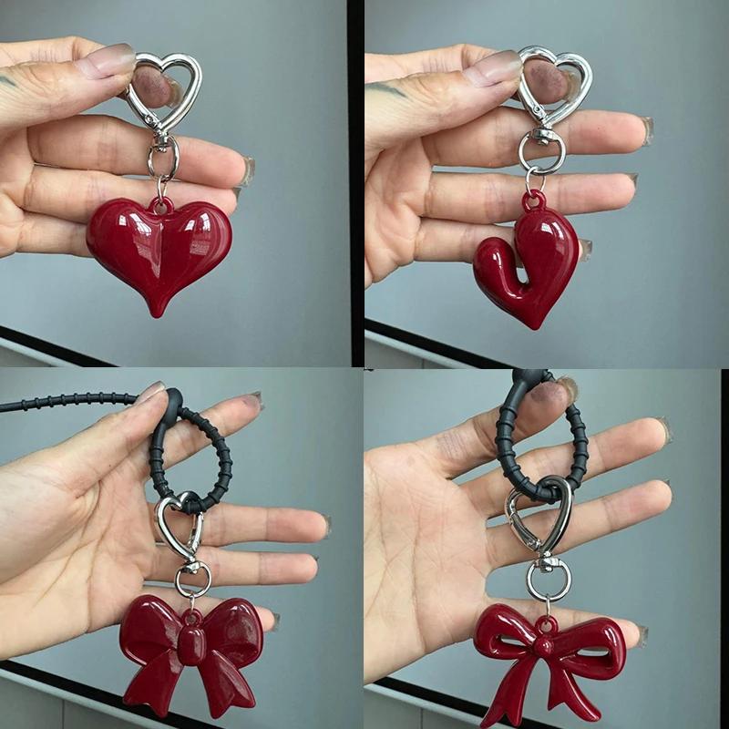 Exquisite Temperament Red Heart Bow Charms Keychain Versatile Phone Pendant Fashion Backpack Hanging Ornament Accessories Gifts