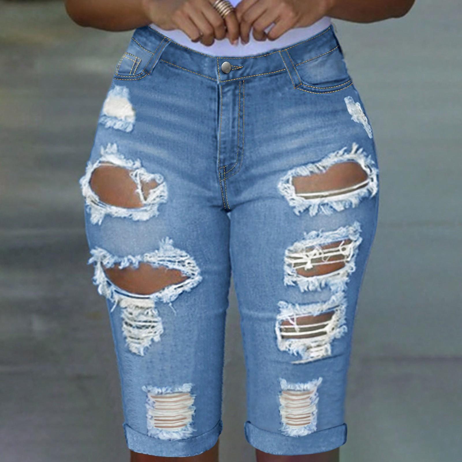 

Женские узкие джинсы с рваными краями, повседневные, маленькая стопа, пять четвертей XL светло-синий