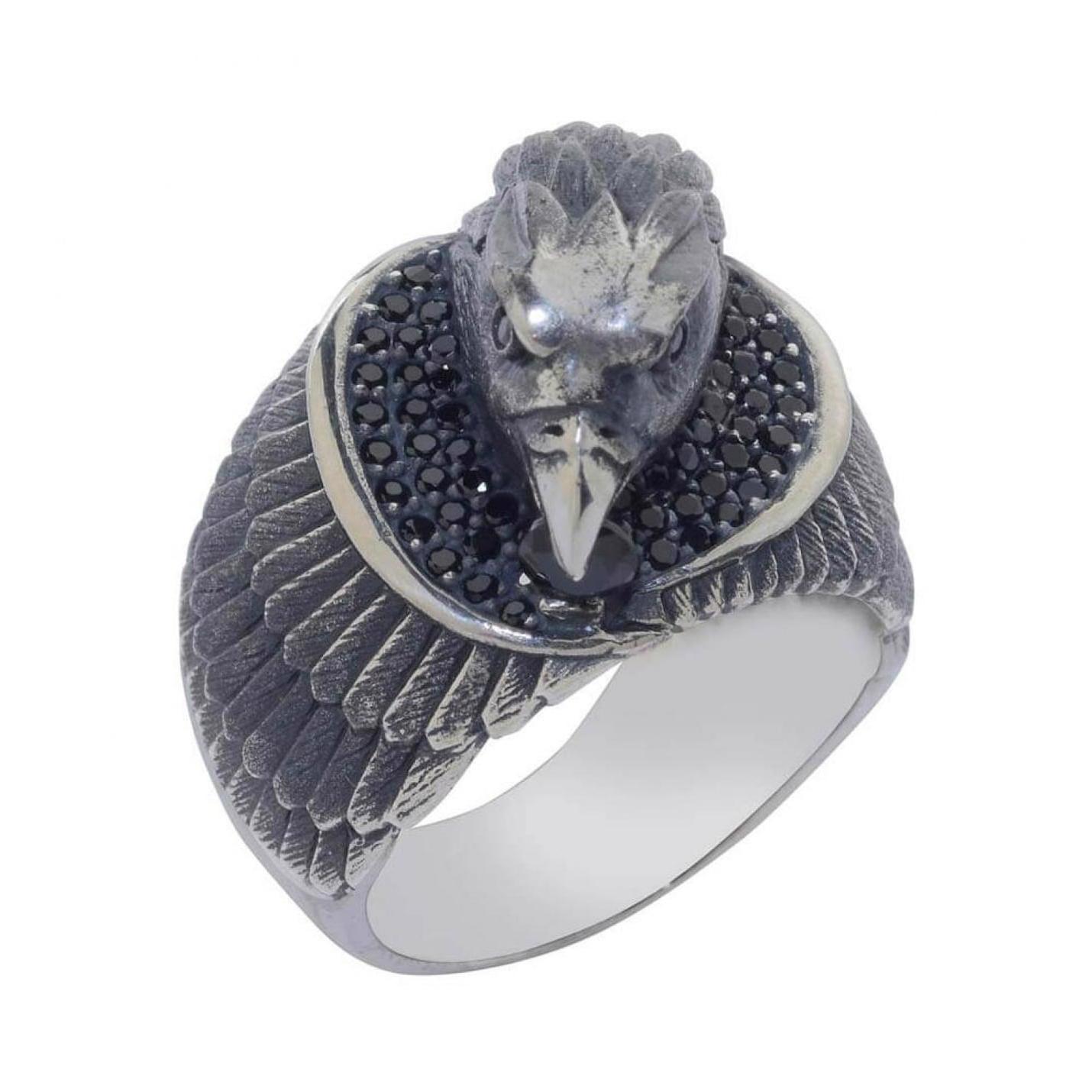 

Серебряное мужское кольцо с мини-черным камнем и головой орла 3D