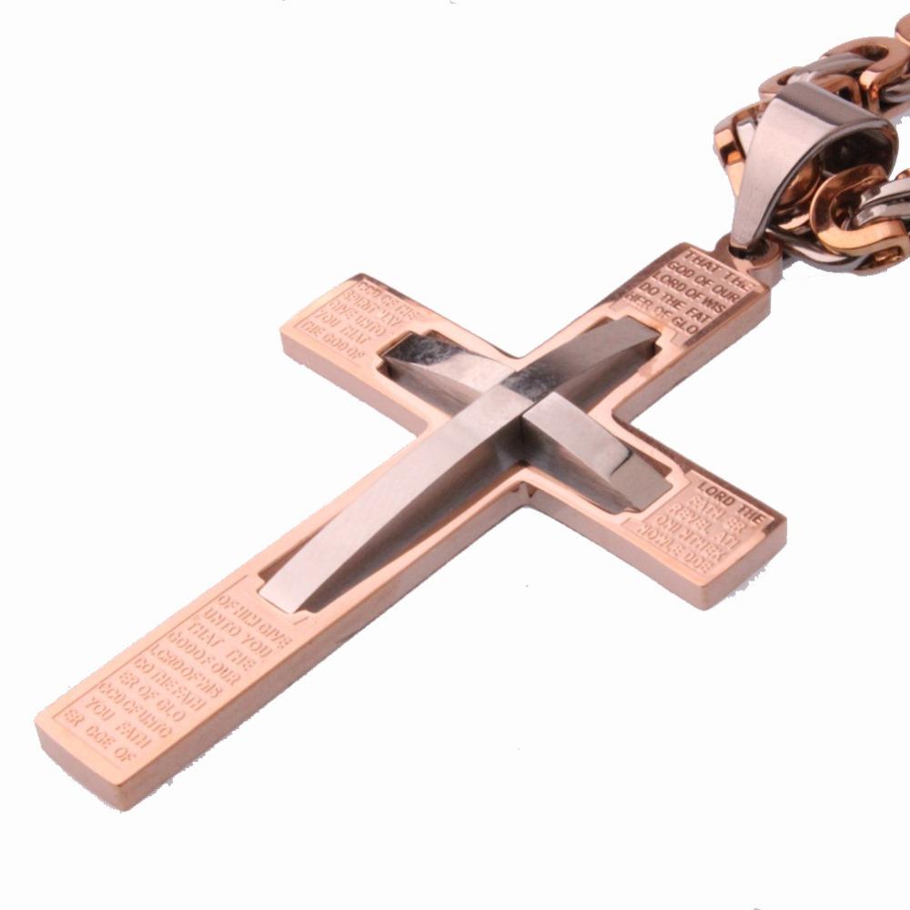 Fashion Rose Gold Cross Pendant Necklace Male Gift Trendy Stainless Steel 6mm Flast Byzantine Chain