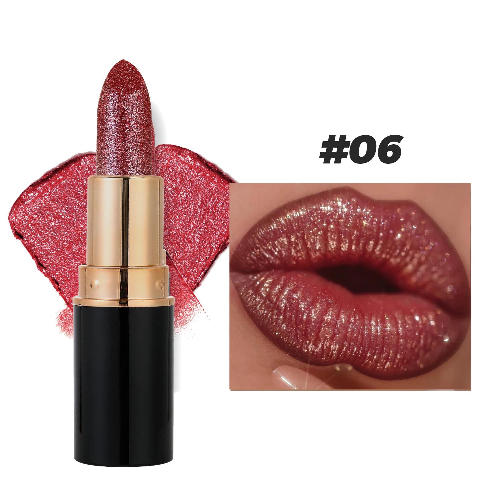 6 Kleuren Glitter Lippenstift Waterdicht Langhoudend Diamant Parelmoer Metaalachtig Lippenstift Roze Rood Lipgloss Vrouwen Lippen Make-up Cosmetisch