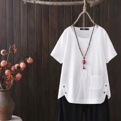 Women's Summer Literary Casual Retro T-shirt Solid Color Short Sleeve Round Neck Loose Pullover Top
