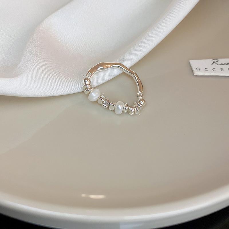 Retro Silver Bow Love Flower Pearl Open Ring Simple Index Finger Ring Versatile Jewelry Women