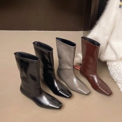 Modă 2025 Toamnă/Iarnă Cizme noi retro cu vârf pătrat, versatile, cu pană, botine cu tub mediu pentru femei