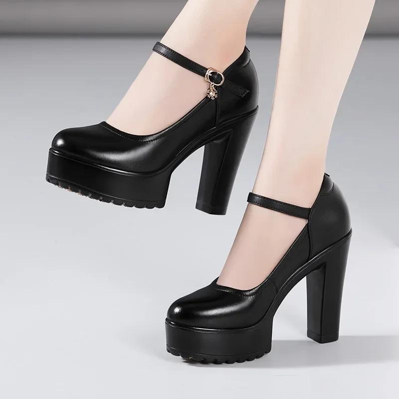 Fashion Cowhide Women's High Heel Shoes with Heels Platform Mary Jane Shoes Women Pumps Office Work Shoe Women's Wedding Shoes 32-43