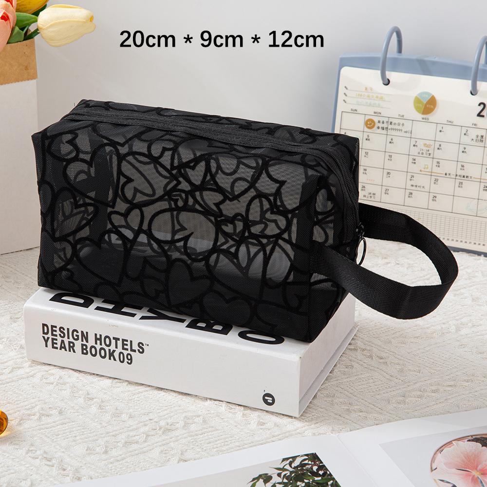 Heart-Shaped Pattern Nylon Mesh Cosmetic Bag Portable Toiletry Makeup Organizer for Women Outdoor Travel Cosmetic Storage