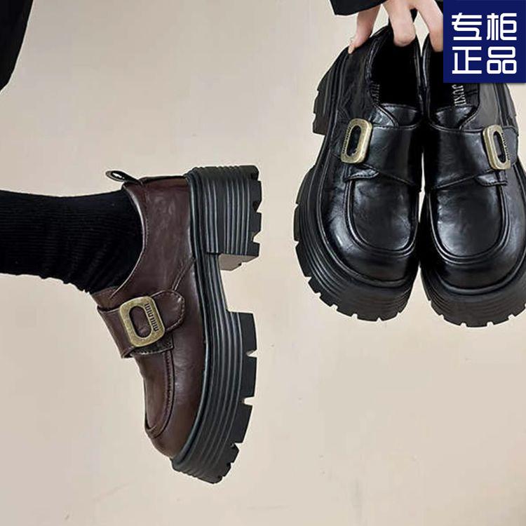 Platform women's autumn new retro round head thick heel small leather shoes Velcro high heel muffin single shoes