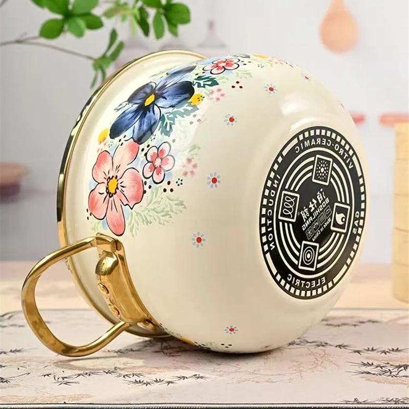 Enamel Soup Pot Large Capacity 5.5L Kitchen Cookware Enamel Stew Pot Double Handle Classical Flowers Thickened Cooking Pan