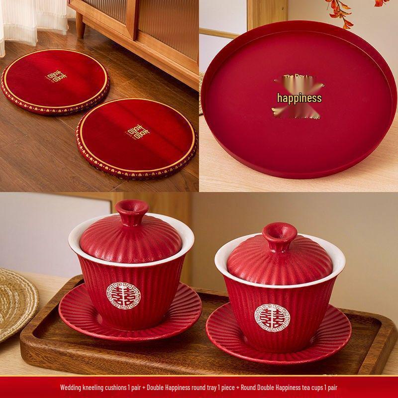 Red Wedding Kneeling Cushions for Tea Ceremony and Bride's Address Change - Complete Cotton Set.