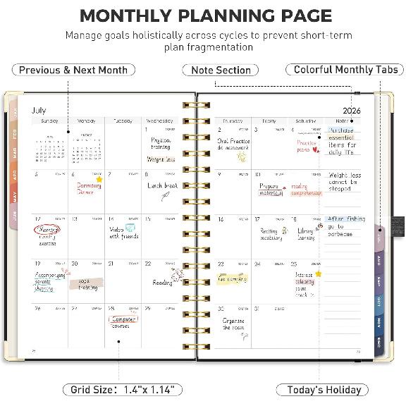 RETTACY 2026 Planner, Weekly and Monthly, Medium Size (5.7" x 8.3"), Jan - Dec 2026, Agenda, Calendar, 12 Month Tabs, Hardcover, 100 GSM Thick Paper,