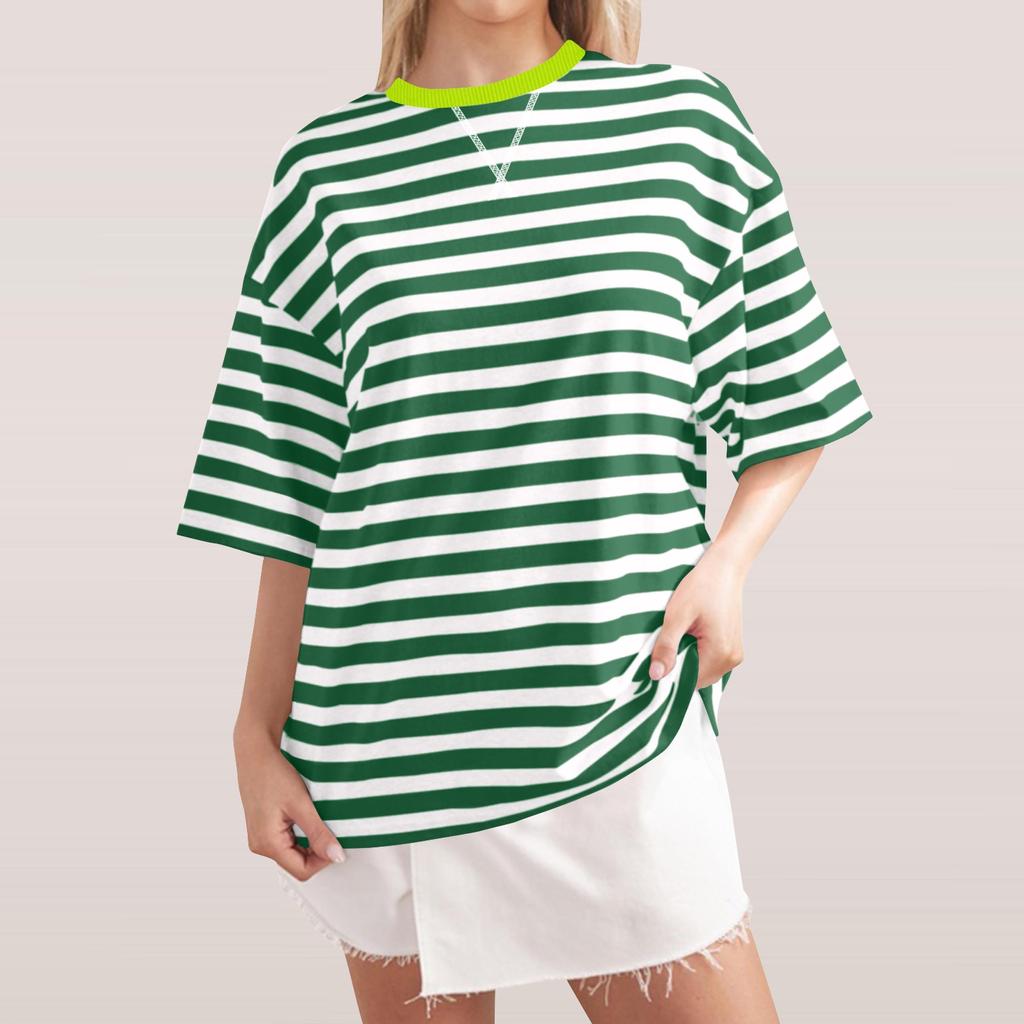 Women's Large Striped Color Blocking Short Sleeved Round Neck Sports Shirt Casual Loose Pullover Top