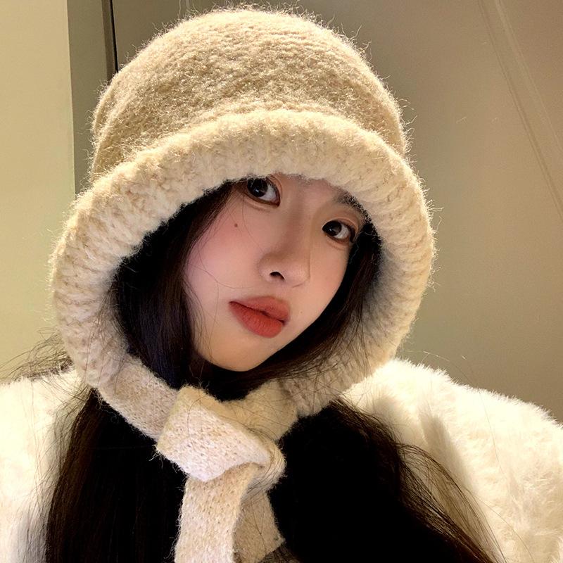 Korean Style Red Balaclava Hat for Women Autumn and Winter Large Head Circumference Woolen Hat Warm Ear Protection Strap Knitted Hat