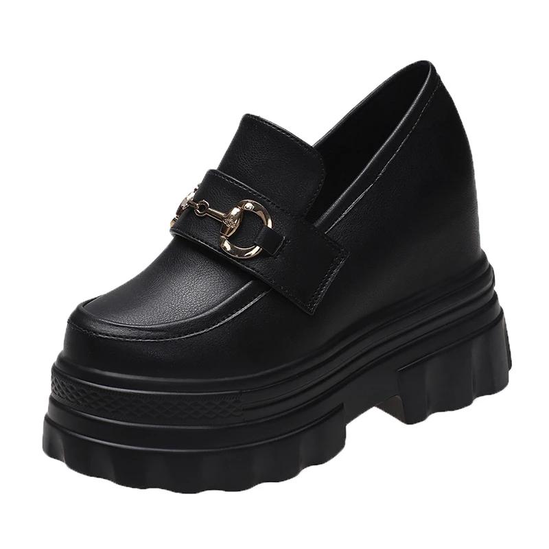 Fashion 11CM Spring Autumn Heels Leather Chunky Shoes Classic Women High Platform Sneakers Black Tennis Female Vulcanized Shoes Woman